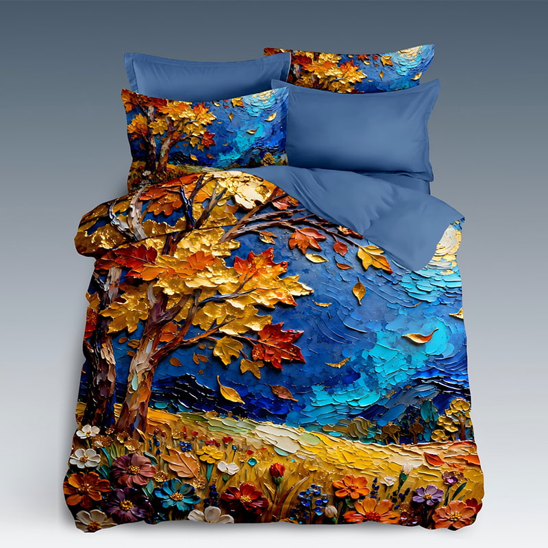 5D Oil-Painting Effect Digital Print Bedding Set -Autumn Moonlight & Vibrant Floral Landscape