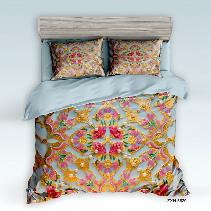 5D Floral Digital Print Bedding Set - ‌Golden Blossom Elegance
