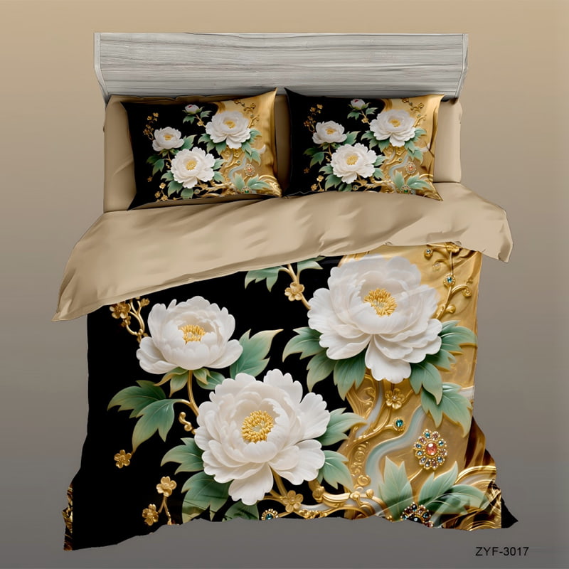 5D Floral Digital Print Bedding Set - ‌Elegant Gold and Black Peony