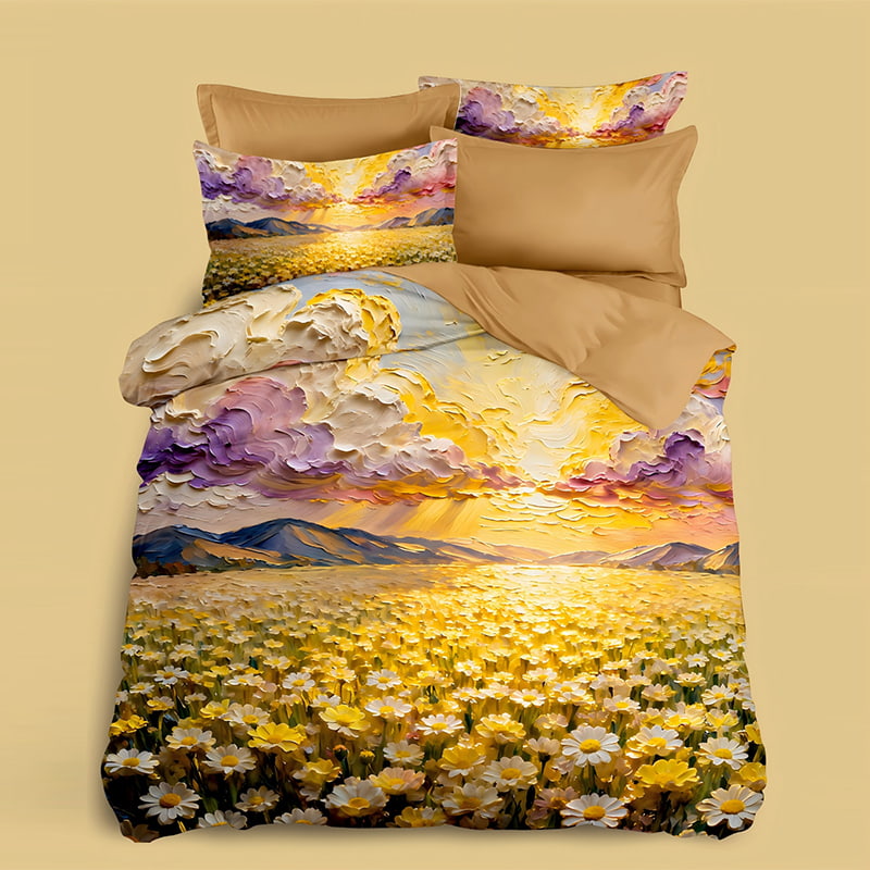 5D Oil-Painting Effect Digital Print Bedding Set -Serene Sunset & Blooming Daisy Landscape 