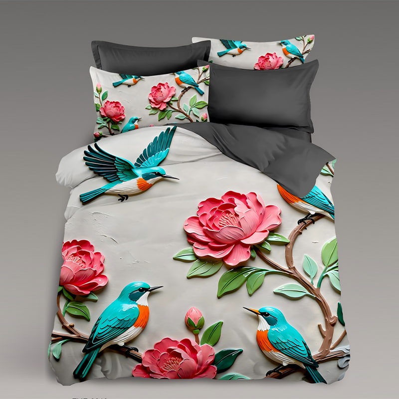 5D Oil-Painting Effect Digital Print Bedding Set -Blooming Peony & Bluebird