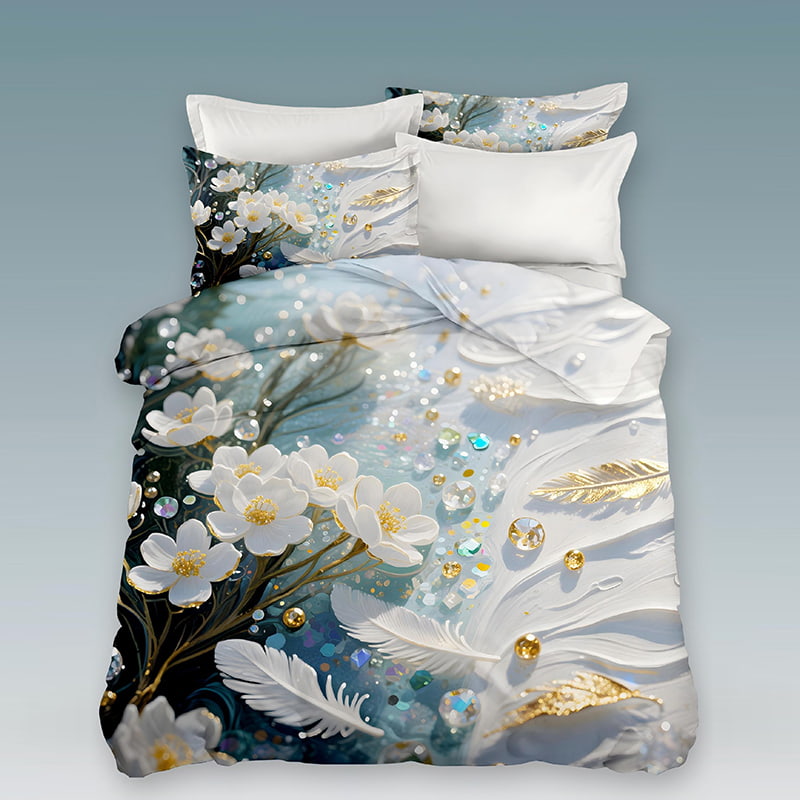 5D Floral Digital Print Bedding Set -Crystal Bloom & Golden Feather