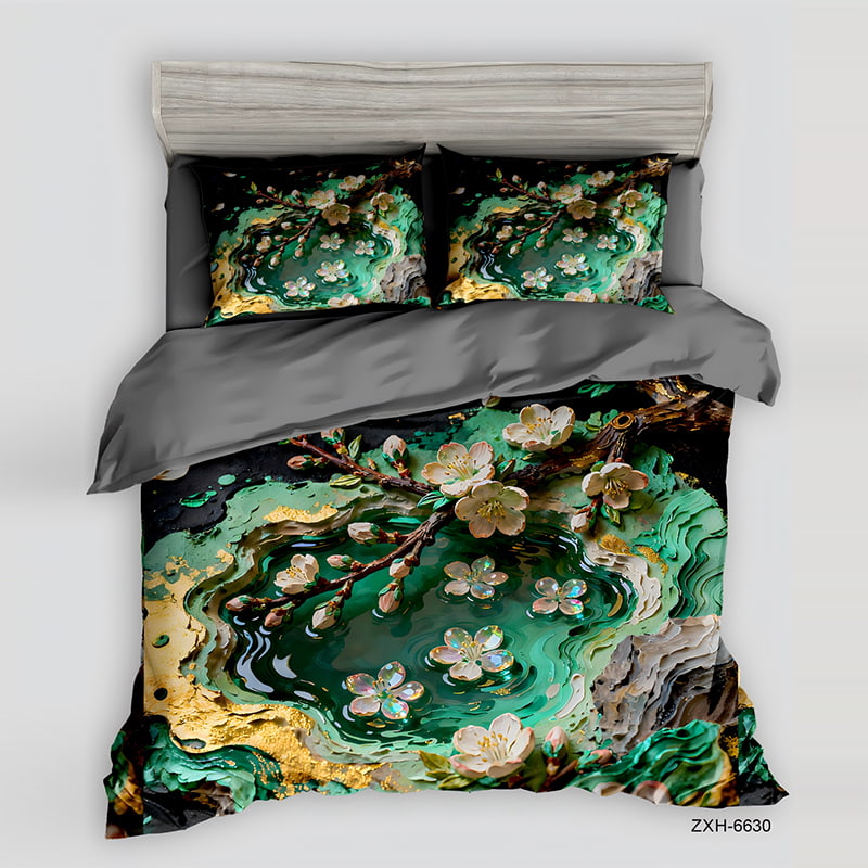 5D Floral Digital Print Bedding Set - ‌Emerald Blossom Pond