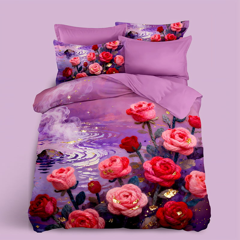 5D Floral Digital Print Bedding Set -Enchanted Roses and Dreamy Water Reflection