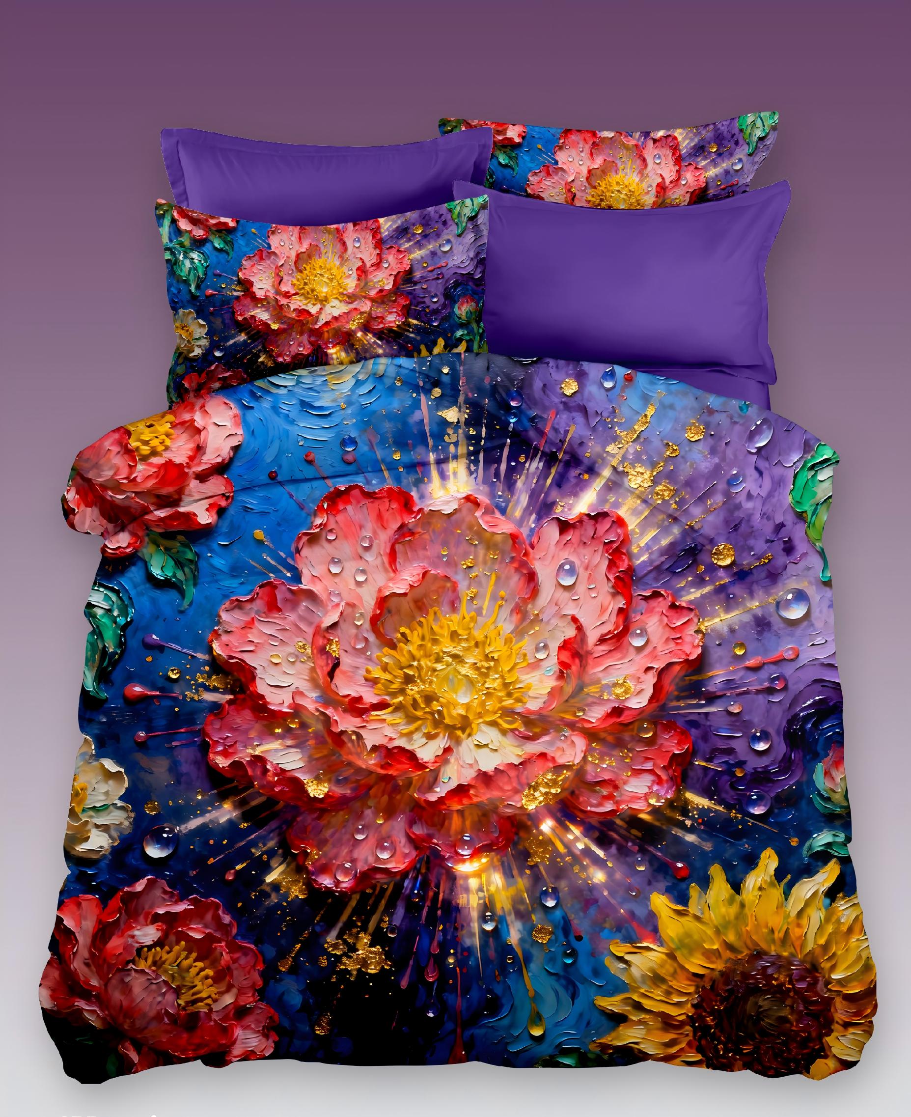 5D Oil Painting Style Digital Print Bedding Set-Vibrant Floral & Water Droplets‌