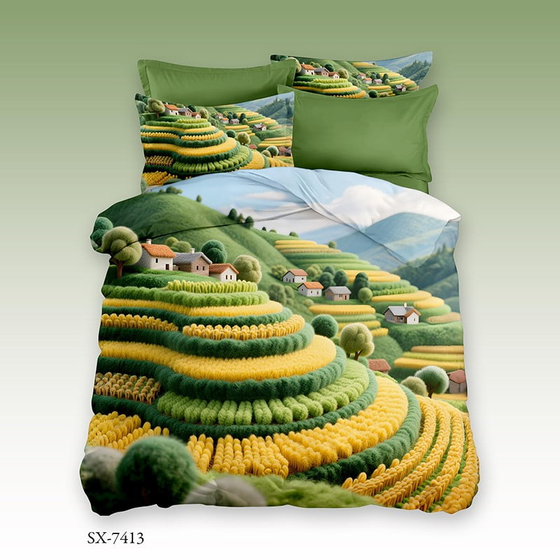 5D Digital Printed Bed Sheet Set with a Serene Terraced Hillside Village