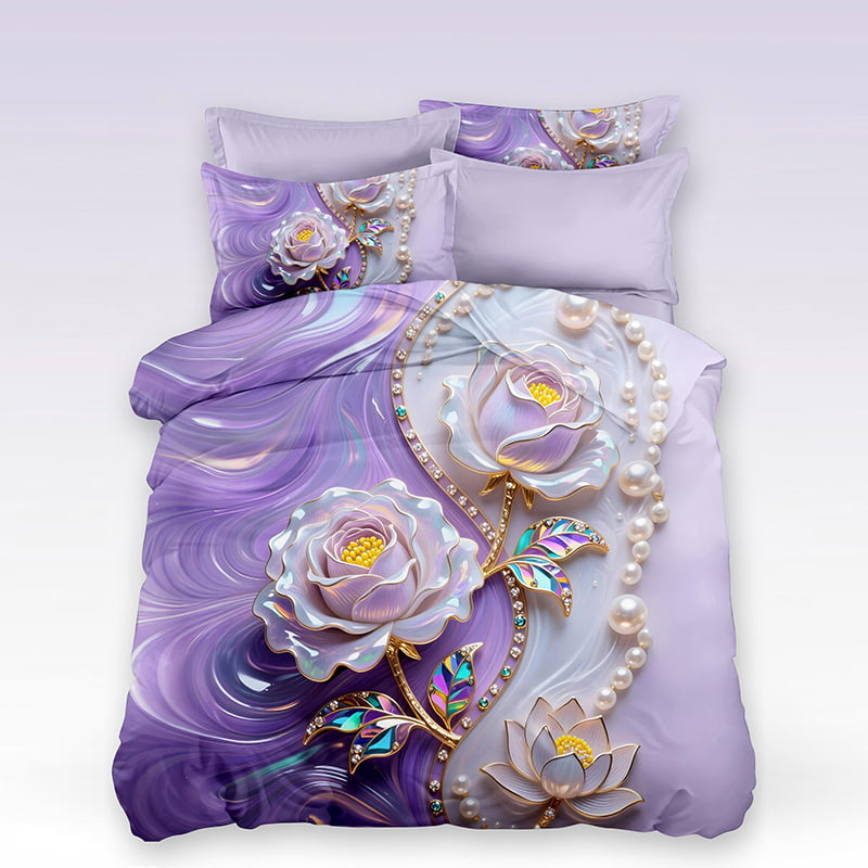 5D Floral Digital Print Bedding Set - ‌Delicate Roses and Lotus