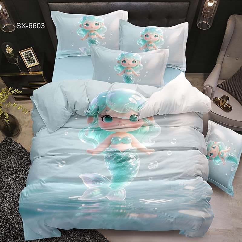 5D Digital Printed Bed Sheet Set with a Cute Cartoon Mermaid Underwater Theme