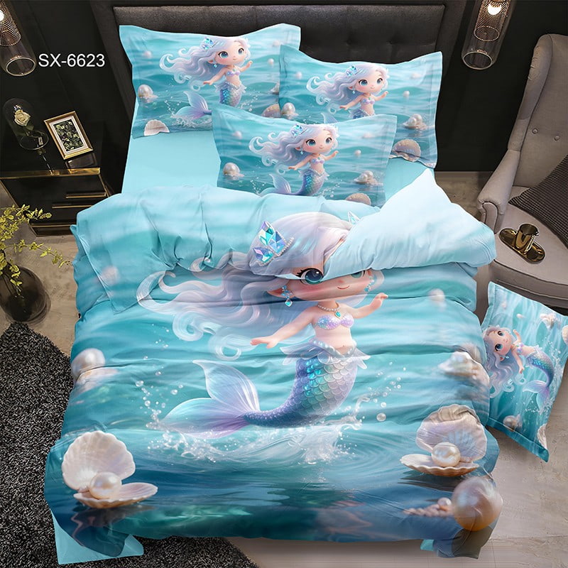 5D Digital Printed Bed Sheet Set with a Cute Little Mermaid and Pearls