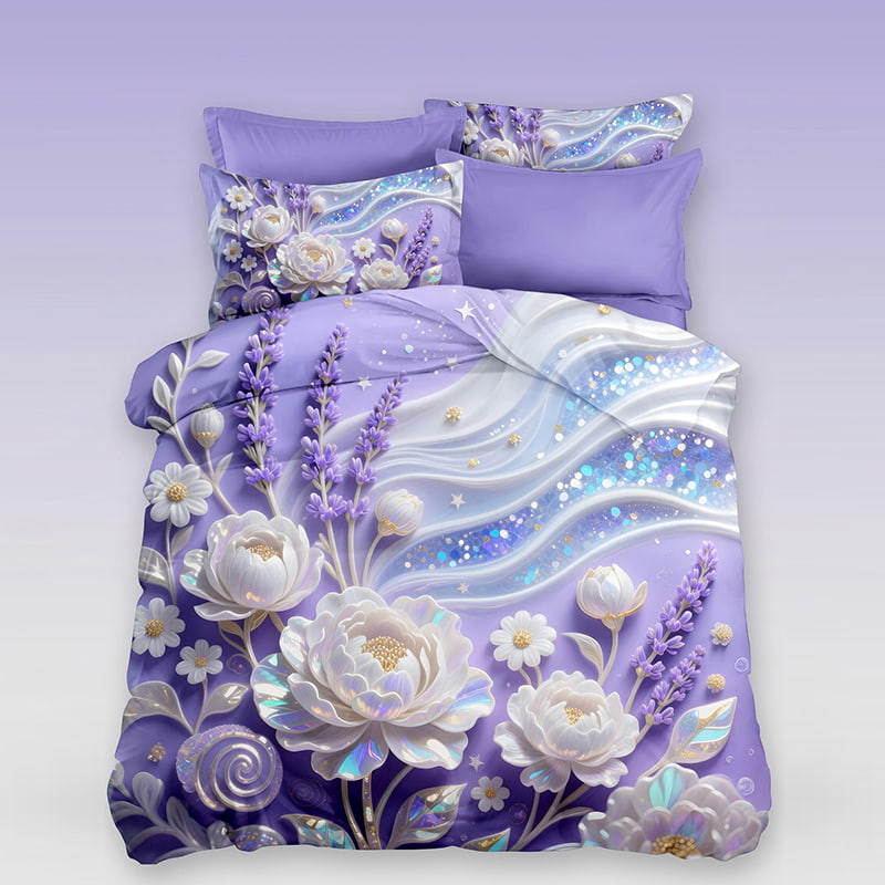 5D Floral Digital Print Bedding Set - ‌Lavender & White Floral