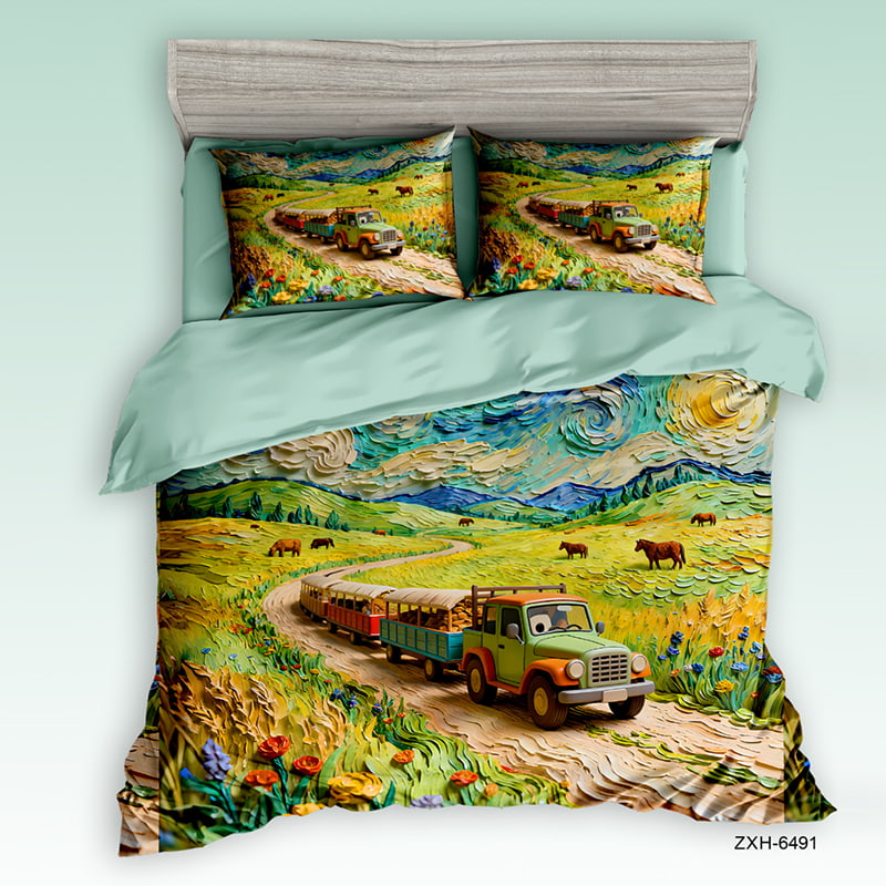 5D Digital Printed Bed Sheet Set with Countryside Truck And Scenic Landscape Theme