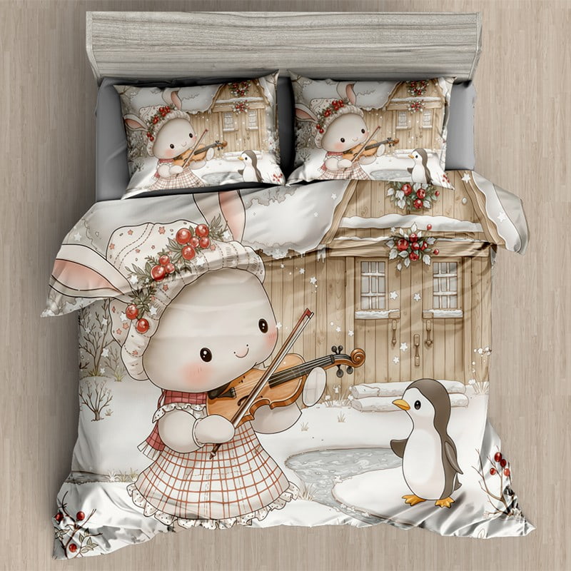 7D Digital Printed Bed Sheet Set with Cute Winter Bunny and Penguin Music Theme