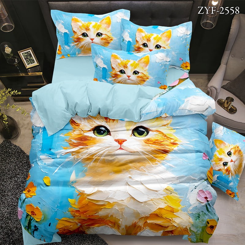 7D Digital Printed Bed Sheet Set With Playful Kitten And Floral Theme
