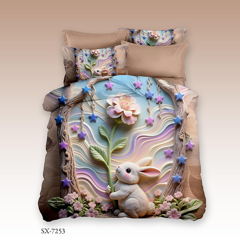 7D Digital Printed Bed Sheet Set with a Cute Bunny Holding a Flower under Starry Garland
