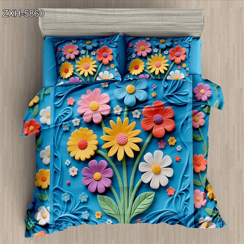 5D Digital Printed Bed Sheet Set with Colorful 3D Floral Bouquet on Blue Background
