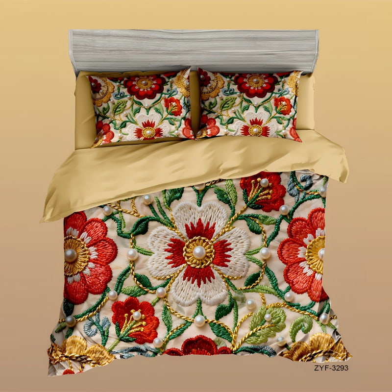 5D Floral Digital Print Bedding Set -Embroidered Floral with Pearl Accents