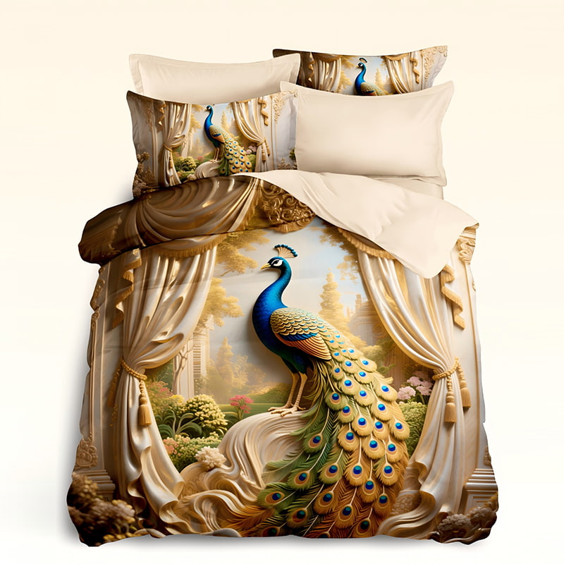 5D Floral Digital Print Bedding Set - ‌Golden Peacock