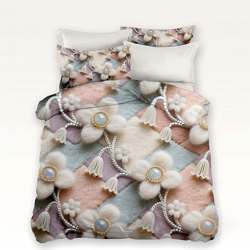 5D Floral Digital Print Bedding Set - ‌Ivory Pearl Bloom