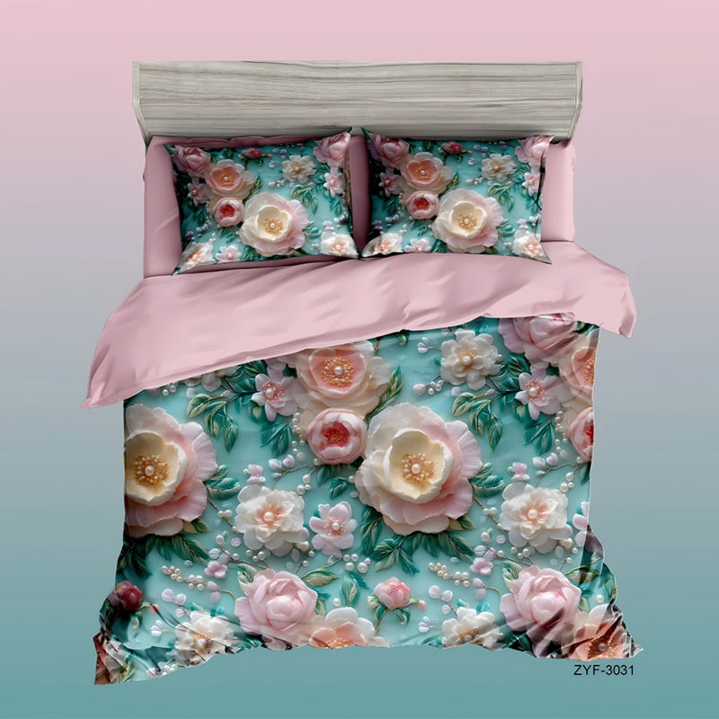 5D Floral Digital Print Bedding Set - ‌Pastel Blooms & Pearl Accents‌