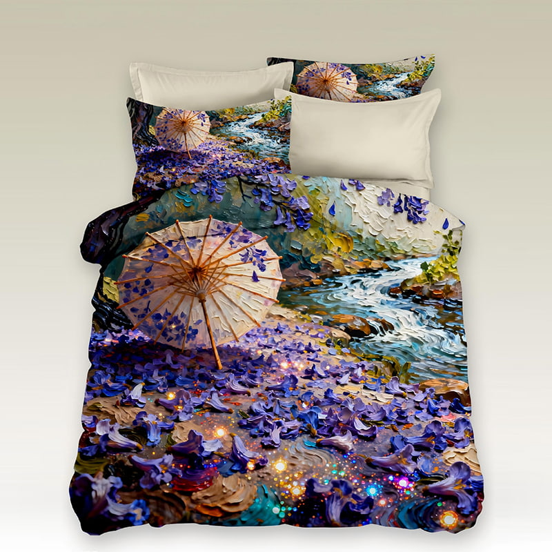 5D Oil-Painting Effect Digital Print Bedding Set -Umbrella & Blossoms
