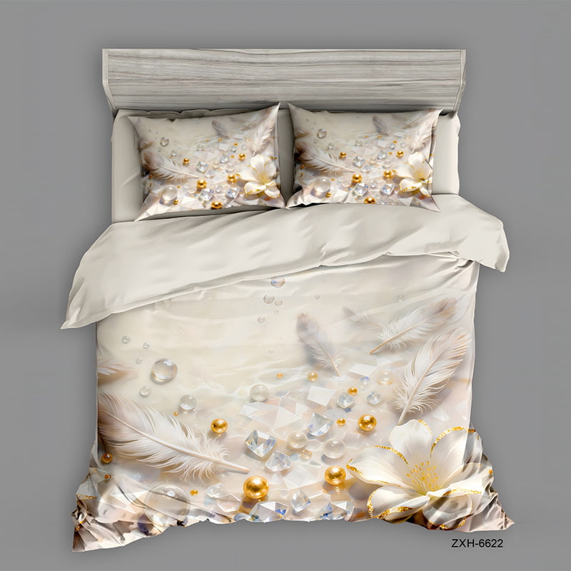 5D Floral Digital Print Bedding Set - ‌White Feather & Golden Blossom