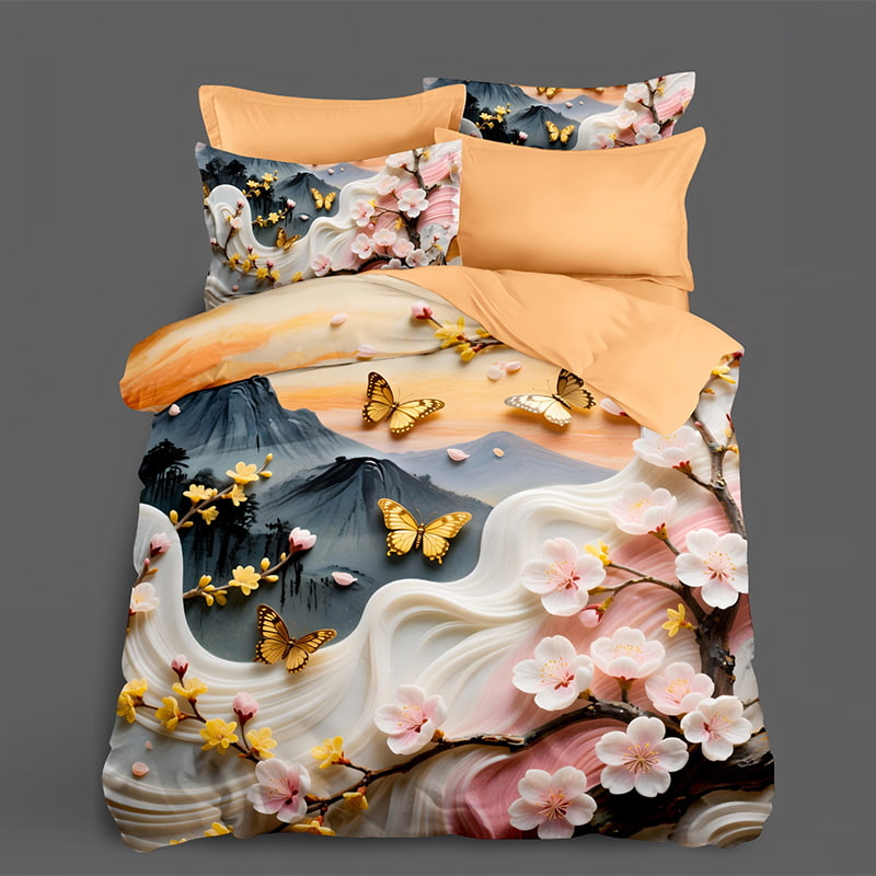 5D Floral Digital Print Bedding Set - ‌Cherry Blossom & Mountain