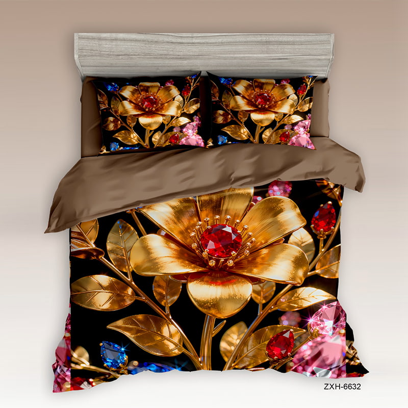 5D Floral Digital Print Bedding Set - ‌Golden Jewel Blossom