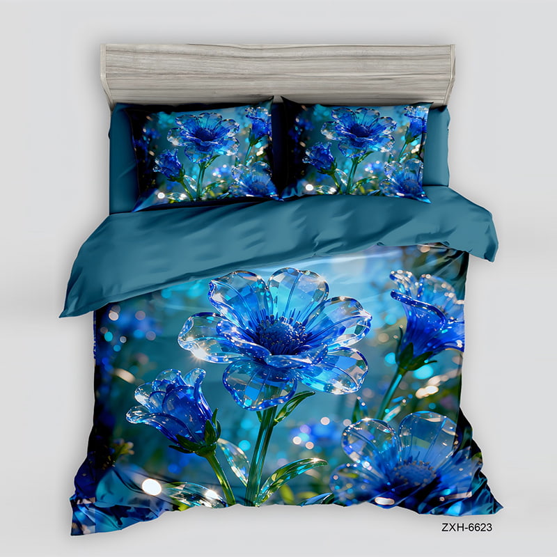 5D Floral Digital Print Bedding Set - ‌Crystal Blue Blossom