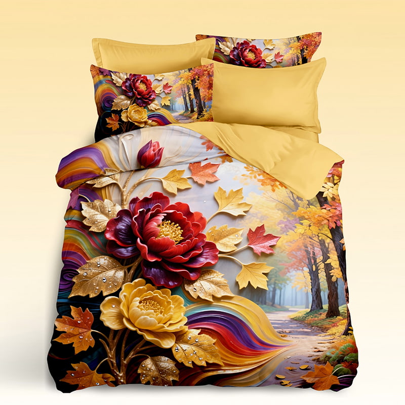 5D Floral Digital Print Bedding Set - ‌Autumn Blossom & Fall Leaves