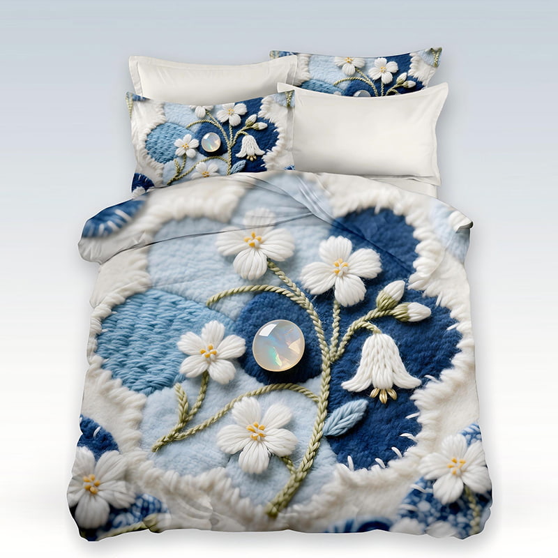 5D Floral Digital Print Bedding Set - ‌Blue Blossom Serenity