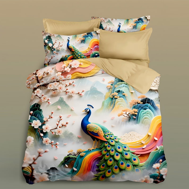 5D Floral Digital Print Bedding Set - ‌Majestic Peacock and Blossoming Sakura