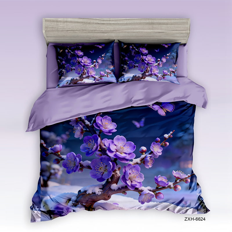 5D Floral Digital Print Bedding Set - ‌Moonlit Purple Plum Blossom