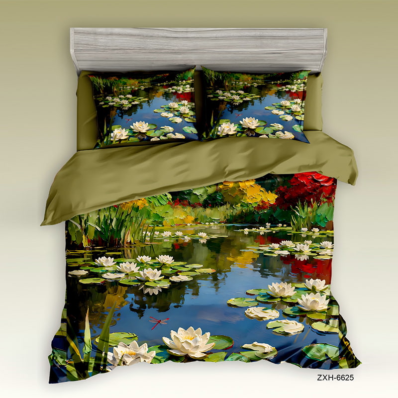 5D Oil Painting Style Digital Print Bedding Set  - ‌Tranquil Water Lilies