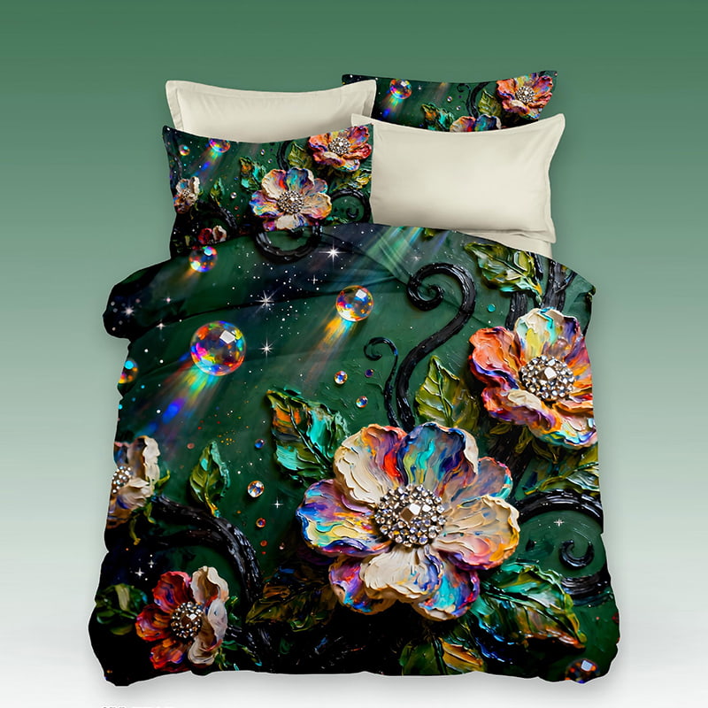 5D Oil-Painting Effect Digital Print Bedding Set -Floral & Crystal