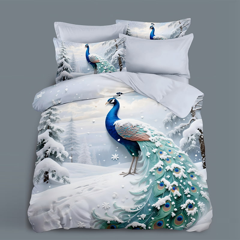 5D Floral Digital Print Bedding Set - ‌Snowy Peacock & Winter Wonderland