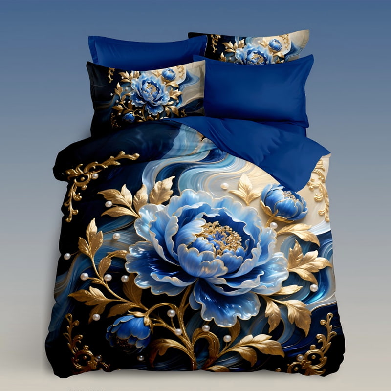 5D Floral Digital Print Bedding Set - ‌Royal Blue Peony