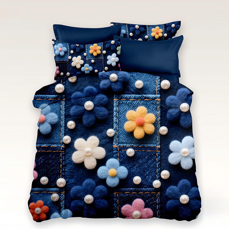 5D Floral Digital Print Bedding Set - ‌Denim Blossom Pearl