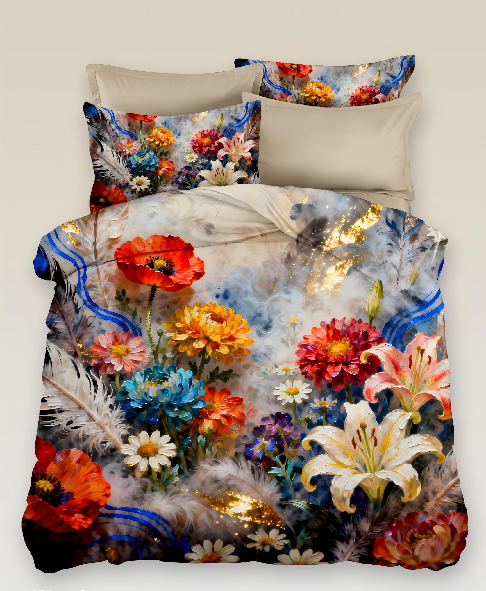 5D Oil Painting Style Digital Print Bedding Set-Colorful Flowers & Feathers‌