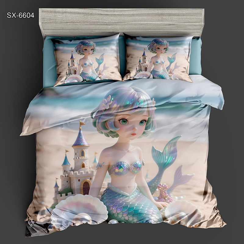 5D Digital Printed Bed Sheet Set with a Cute Mermaid and Castle on the Beach