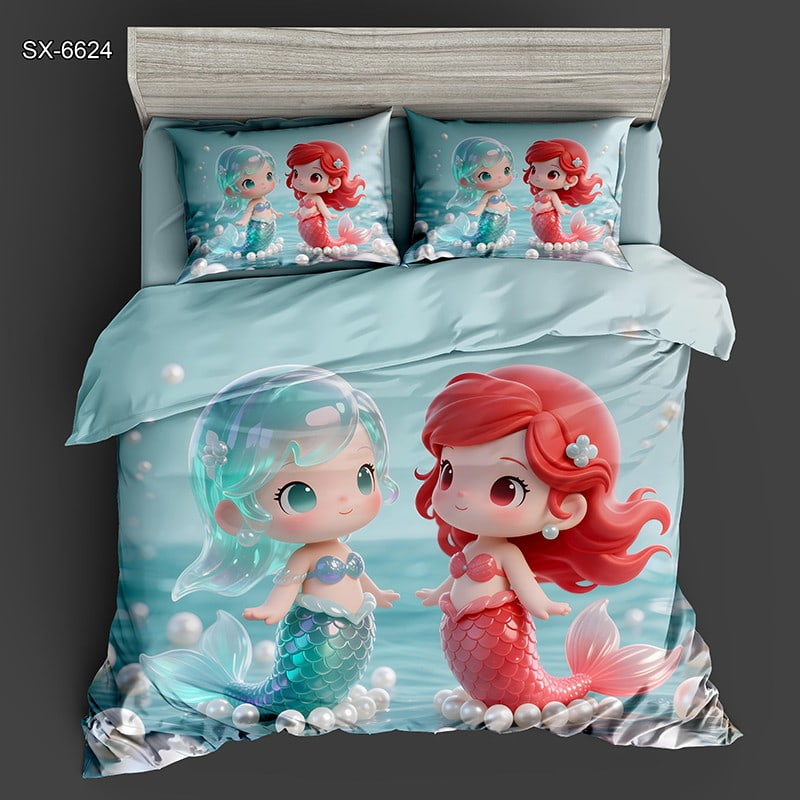 5D Digital Printed Bed Sheet Set with Cute Cartoon Mermaids Underwater Scene