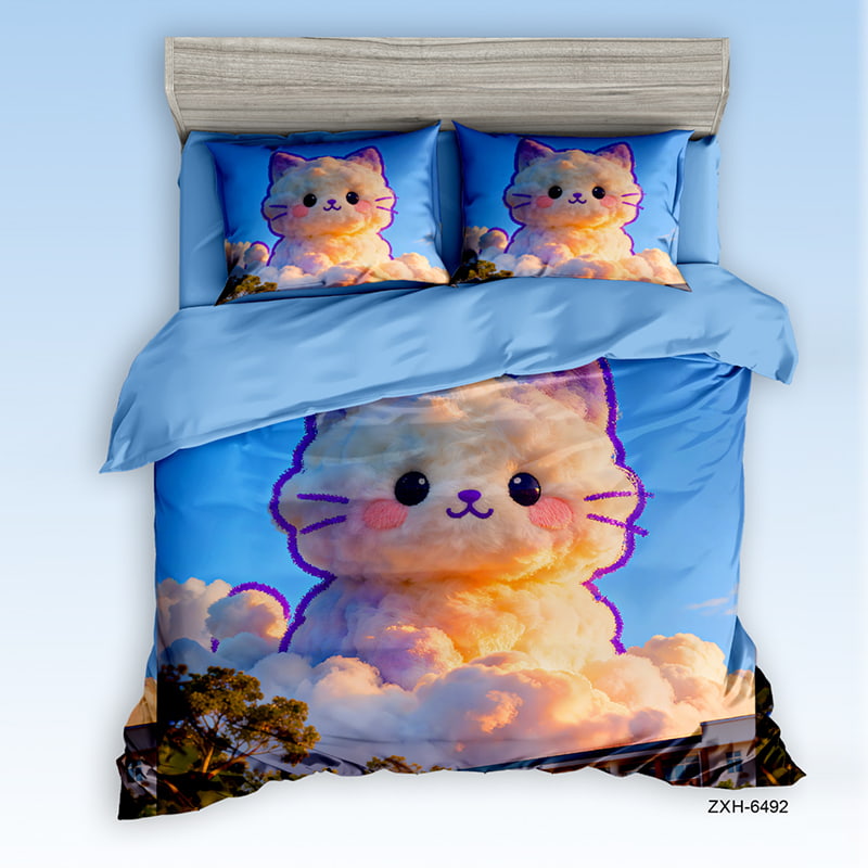 7D Digital Printed Bed Sheet Set with Fluffy Cloud Kitten Fantasy Theme
