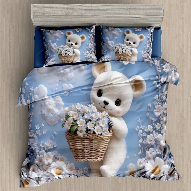 7D Digital Printed Bed Sheet Set with Cute Teddy Bear And Floral Basket Theme