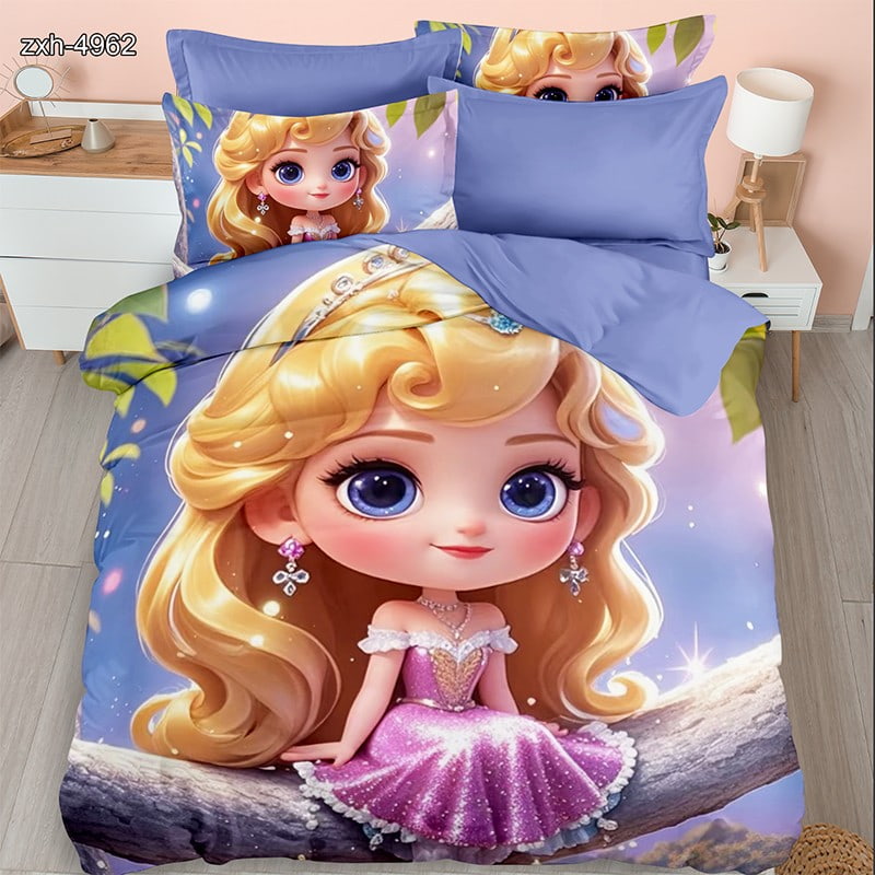7D Digital Printed Bed Sheet Set With Cute Princess Cartoon Theme