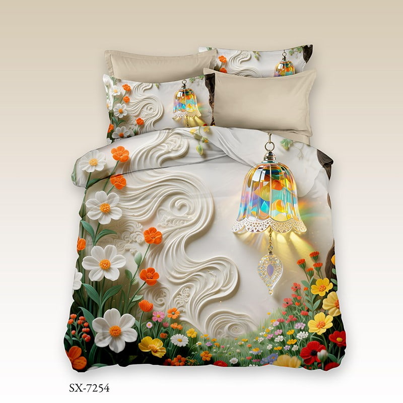 7D Digital Printed Bed Sheet Set with Elegant Floral and Vintage Lantern Design