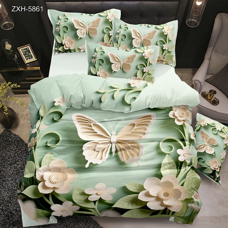 5D Digital Printed Bed Sheet Set with Elegant Butterflies and Floral Motifs