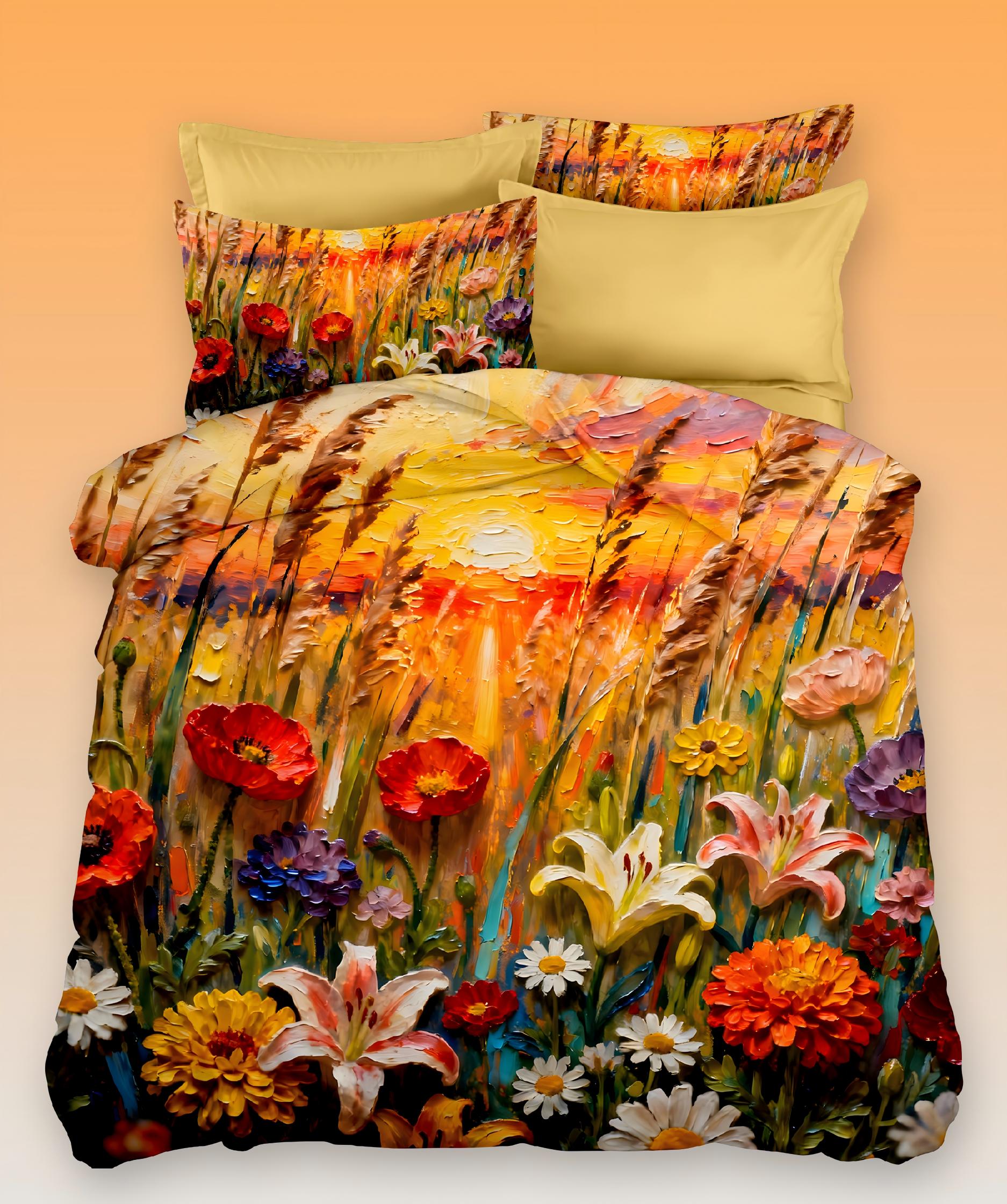5D Oil Painting Style Digital Print Bedding Set-Colorful Wildflowers & Sunset‌
