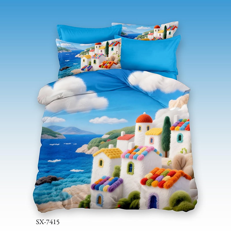 5D Digital Printed Bed Sheet Set with a Colorful Mediterranean Village by the Sea