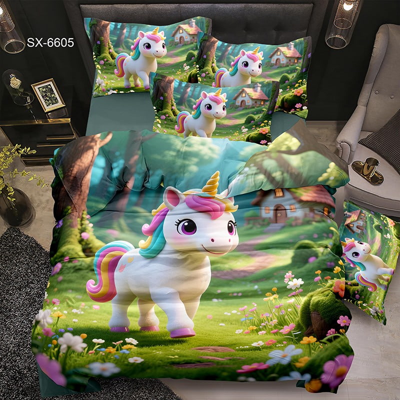 5D Digital Printed Bed Sheet Set with a Cute Rainbow Unicorn in a Magical Forest