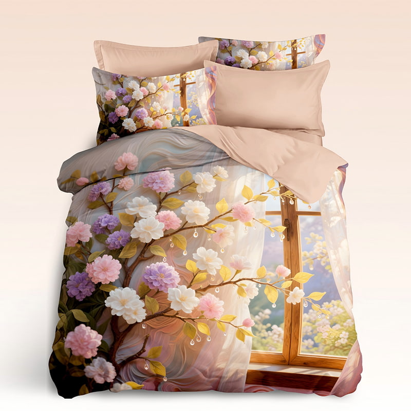 5D Floral Digital Print Bedding Set - ‌Spring Blossom & Window View