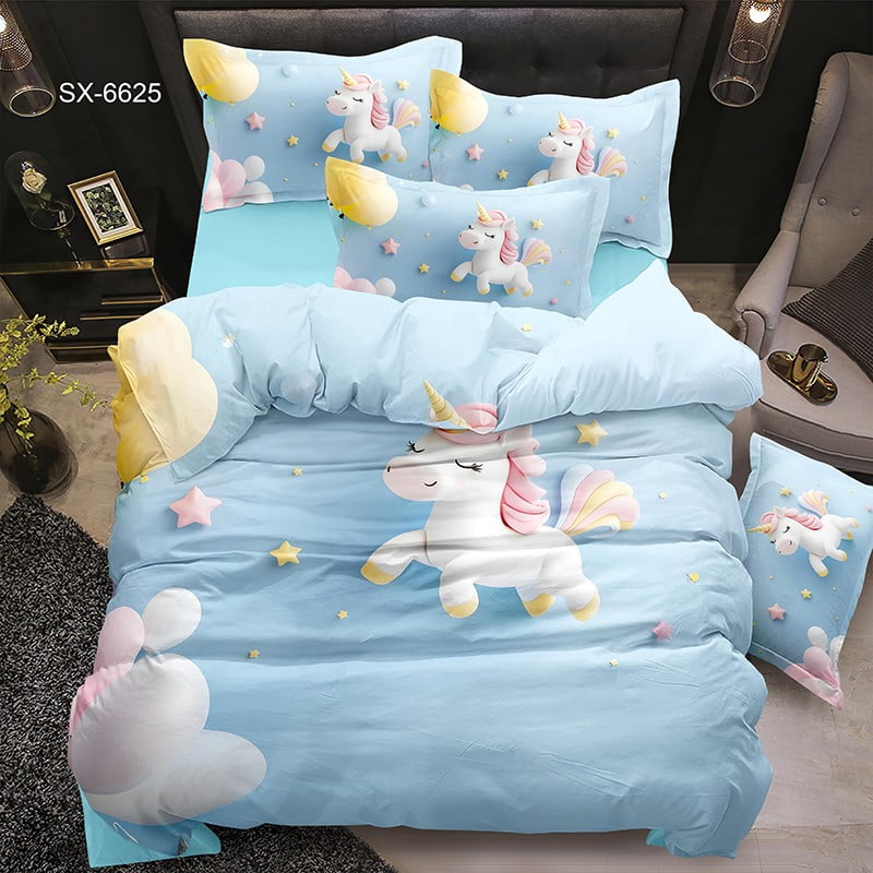 5D Digital Printed Bed Sheet Set with Cute Flying Unicorns and Stars